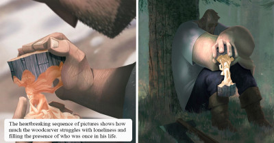 Artist Portrayed Grief and Loss by Illustrating a Story About a Wood Carver Who Preserved Memories of His Loved One