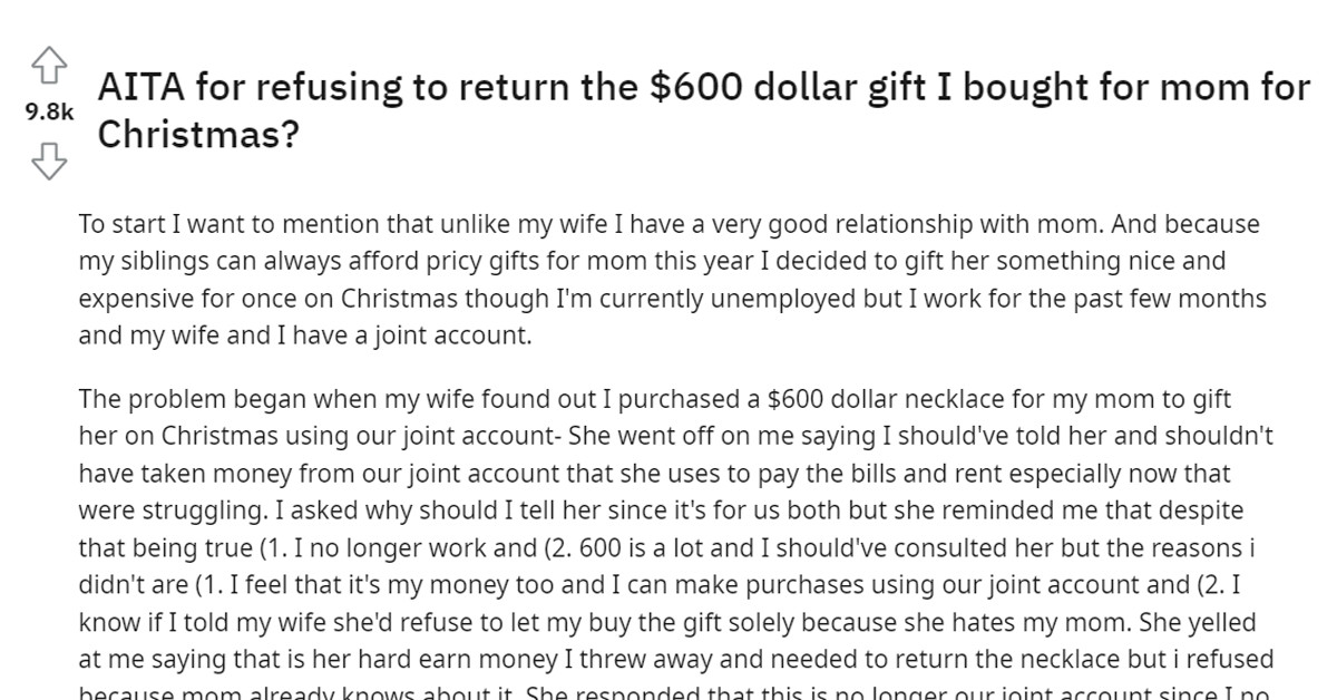 Husband Refused To Return The Expensive Christmas Gift He Had Bought For His Mother