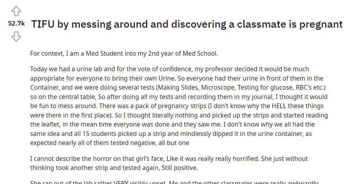 Med Student Messes Around In A Lab And Accidentally Publicly Reveals That One Of His Classmates Is Pregnant
