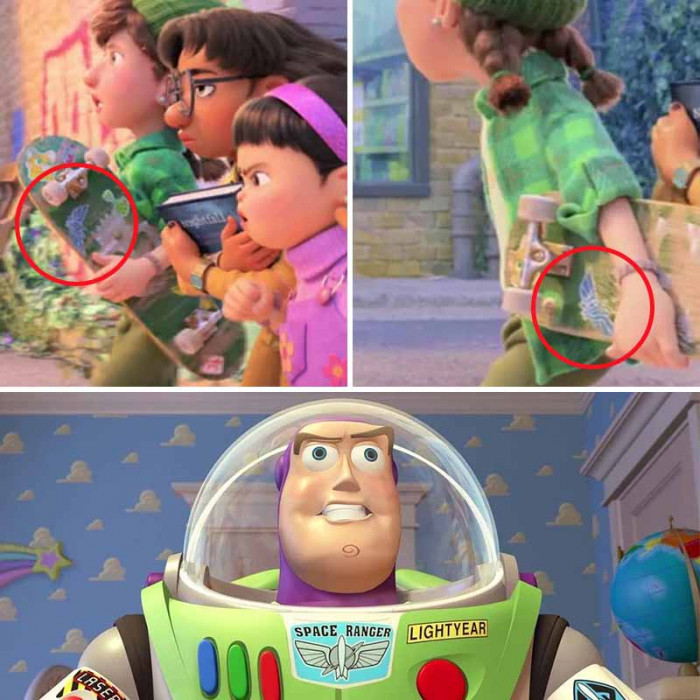 17. Another of Mei's best friends, Miriam, has Buzz Lightyear's emblem and Sox the cat stickers on her skateboard.