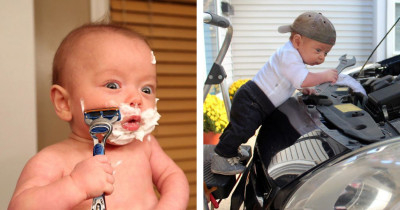 This Dad Placed His Prematurely Born Son In Hilarious Photos Doing Manly Tasks