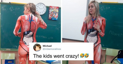 Female Teacher Dresses Up In A Full-Body Suit That Shows Detailed Human Body So The Students Would Understand The Subject More Easily