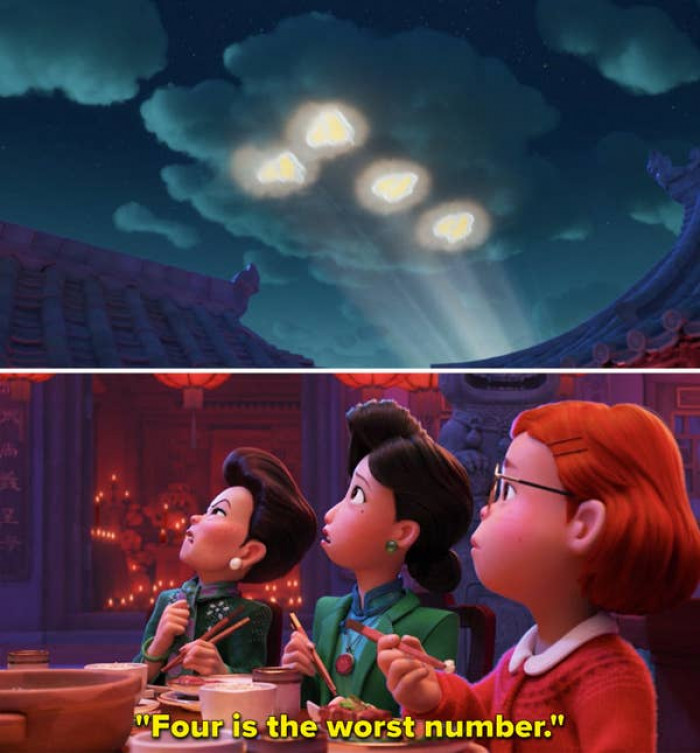 22. When Mei's family sees the fours illuminated in the sky for the 4*Town concert, her grandmother comments on how it's the worst number.