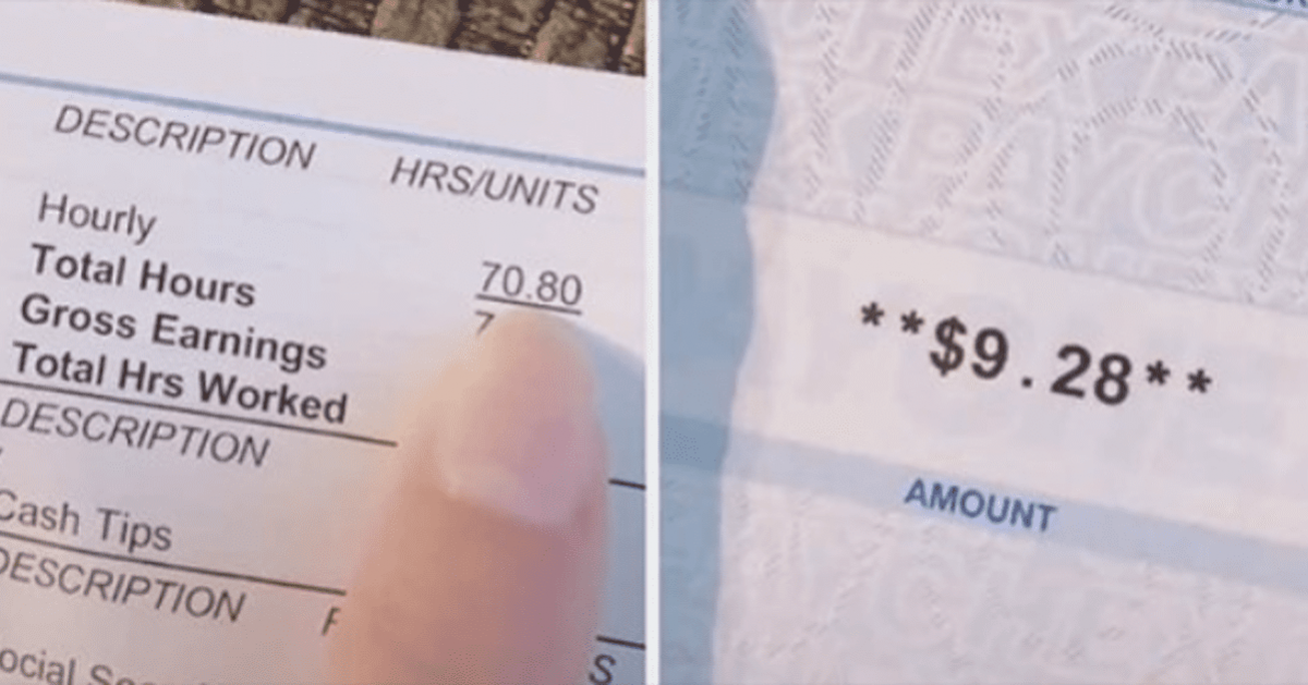 Woman Shares Her Measly $9 Paycheck After Working More Than 70 Hours As A Server
