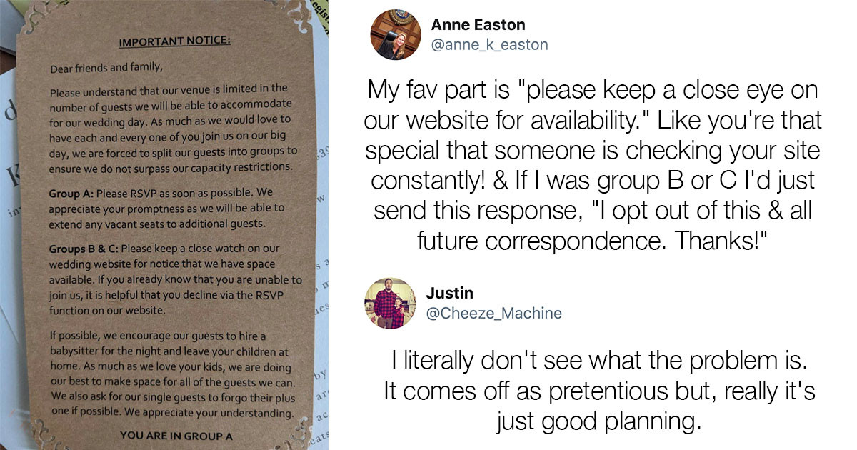 Internet Users Are Absolutely Appalled By This Wedding Invitation That Split Guests Into 3 Different Groups