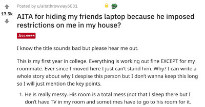 Guy Asks Reddit If He's an A-Hole for Hiding His Roommate's Laptop Outside, Which Led to Its Theft
