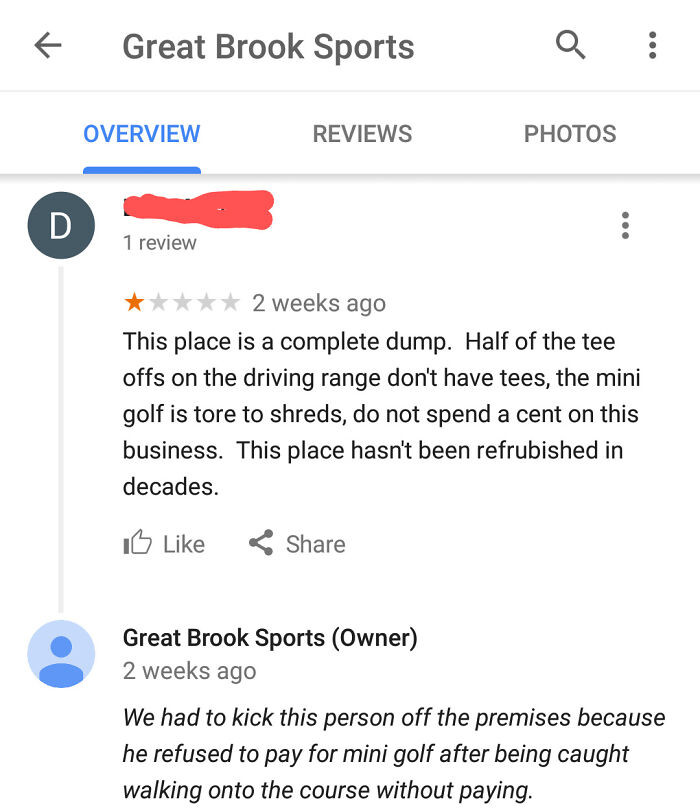 After refusing to pay, the customer leaves a bad review.