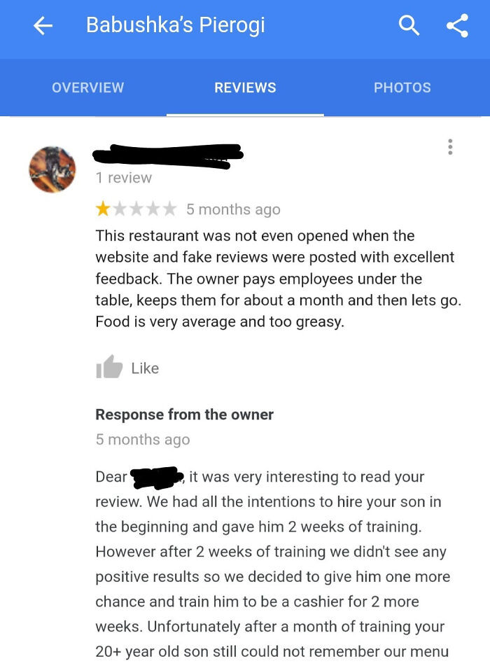 Parent leaves a bad review because the restaurant fired their son.