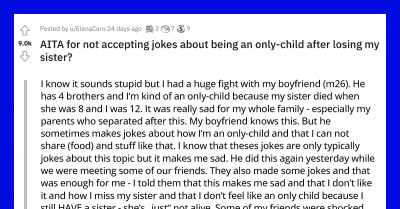 Redditors Urge OP to Dump Her Boyfriend for Making Insensitive Jokes About Her Being an Only Child, Knowing She Had Lost a Younger Sister