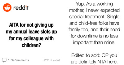 Pregnant Woman Forced Child-Free Colleague To Give Up Her Annual Leave Slot For Her