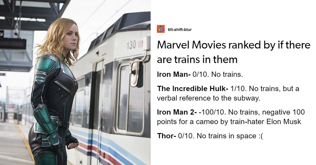 Guy Hilariously Ranks Marvel Movies According to How Many Trains Appeared in Them