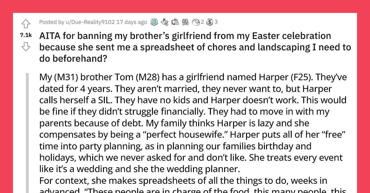 Exasperated Sibling Bans His Brother's Girlfriend From A Children's Party After She Hijacked The Planning And Made A Spreadsheet Of Tasks