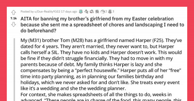 Exasperated Sibling Bans His Brother's Girlfriend From A Children's Party After She Hijacked The Planning And Made A Spreadsheet Of Tasks