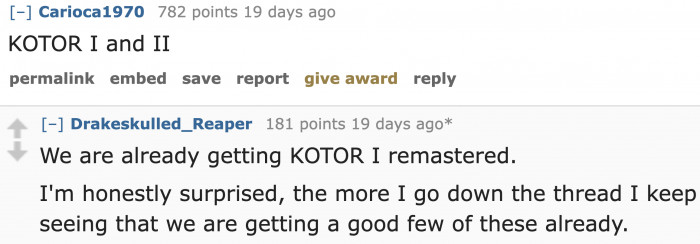 In September 2021, the remake of Star Wars: Knights of the Old Republic (KOTOR) was announced.