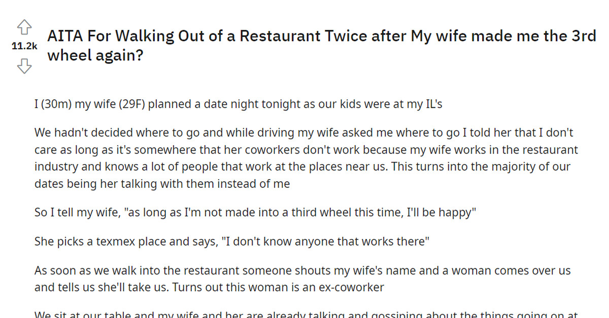Redditor Walks Out Of A Restaurant On Date Night After His Wife Subjects Him To Third-Wheeling Again