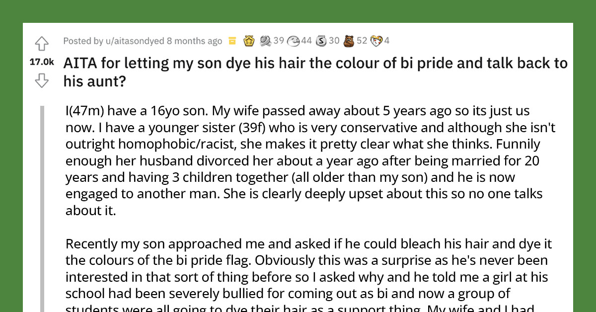 Homophobic Aunt Attacks Her Teenage Nephew for Coloring His Hair in Theme with the Bisexual Pride Flag
