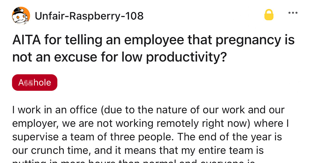 Manager Asks The Internet Whether He Was In The Right For Scolding A Pregnant Woman For Slacking Off At Work
