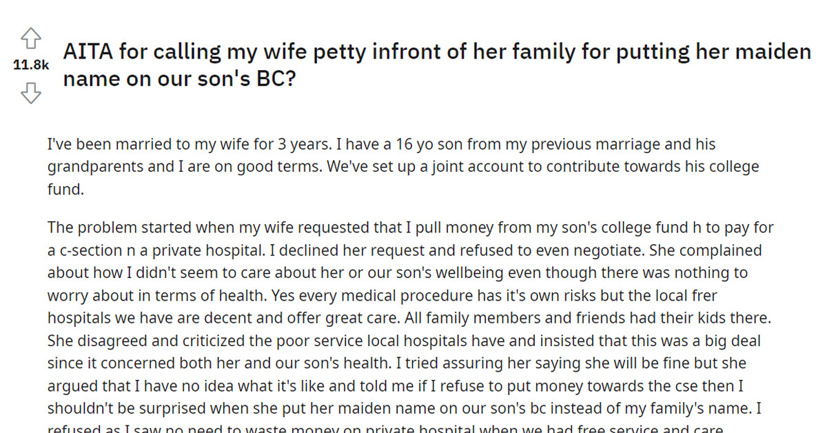 Man Calls Out His Wife In Front Of Her Family For Being Petty And Putting Her Maiden Name On Their Son’s Birth Certificate, And Now He Asks If He Went Too Far