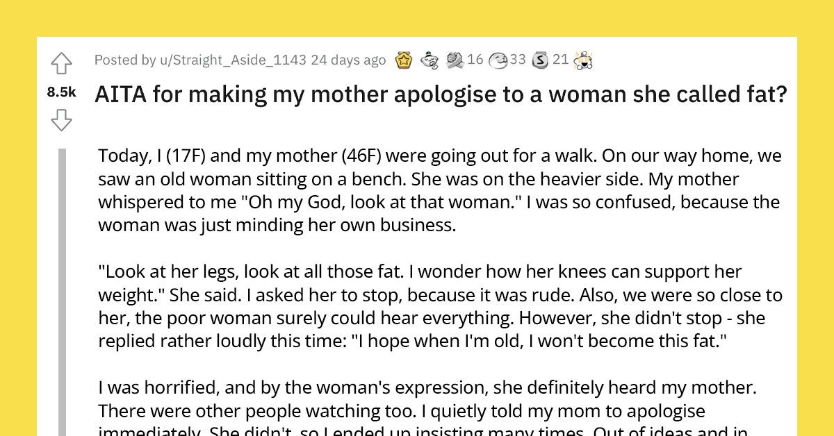 Daughter Makes Her Mom Apologize To A Woman She Humiliated For Being Overweight In Public
