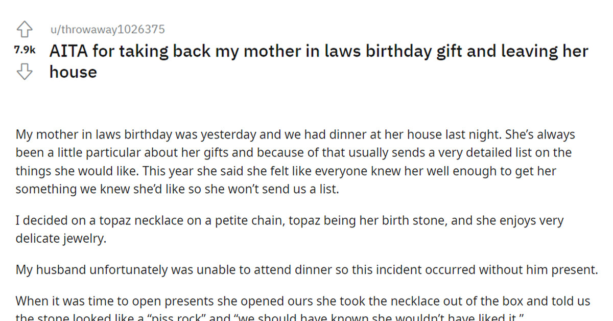 Woman Asks If She's A Jerk For Taking Back Her Upset Mother-In-Law's Gift And Storming Out Of The House