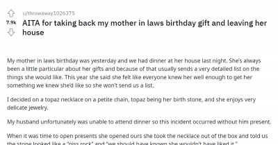 Woman Asks If She's A Jerk For Taking Back Her Upset Mother-In-Law's Gift And Storming Out Of The House