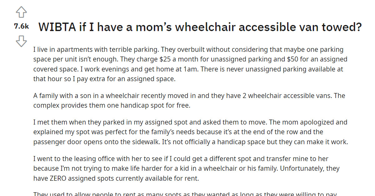 Apartment Resident Threatens To Tow The Van Of The Mom Of A Wheelchair-Bound Kid Who Kept Parking On His Designated Spot