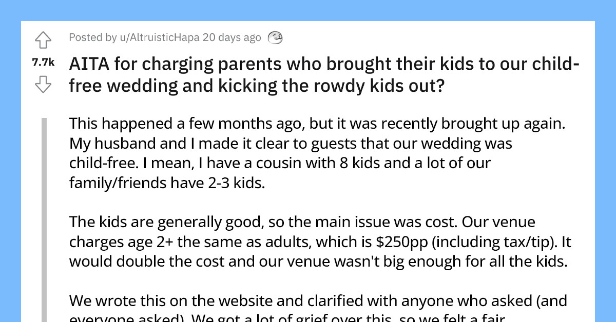Bride Asks Reddit If She’s Unreasonable To Charge Parents Who Brought Their Kids To Her "Child-Free" Wedding