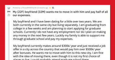 Wealthy, 32-Year-Old Man Expects His Unemployed Graduate Student Girlfriend to Split His Living Expenses 50/50