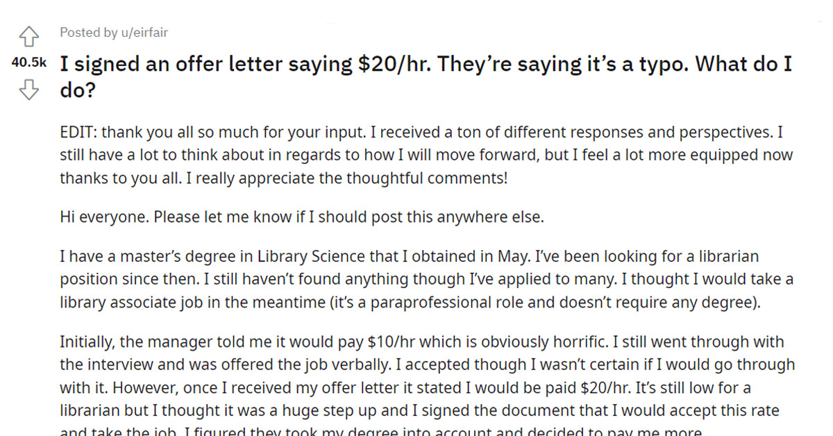 This Person Gets A Well-Paying Job, But Their Paycheck Was Only Half, and Their Boss Said It Was a Typo