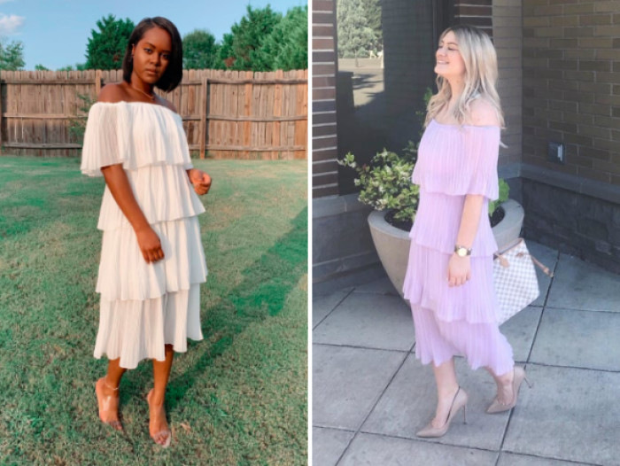 25. If you don this pleated off-the-shoulder dress, it feels like you're attending a royal coronation ceremony.