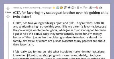 Spoiled Sister Calls Out Reddit User For Favoring His Brother Who Is The Constant "Family Scapegoat"