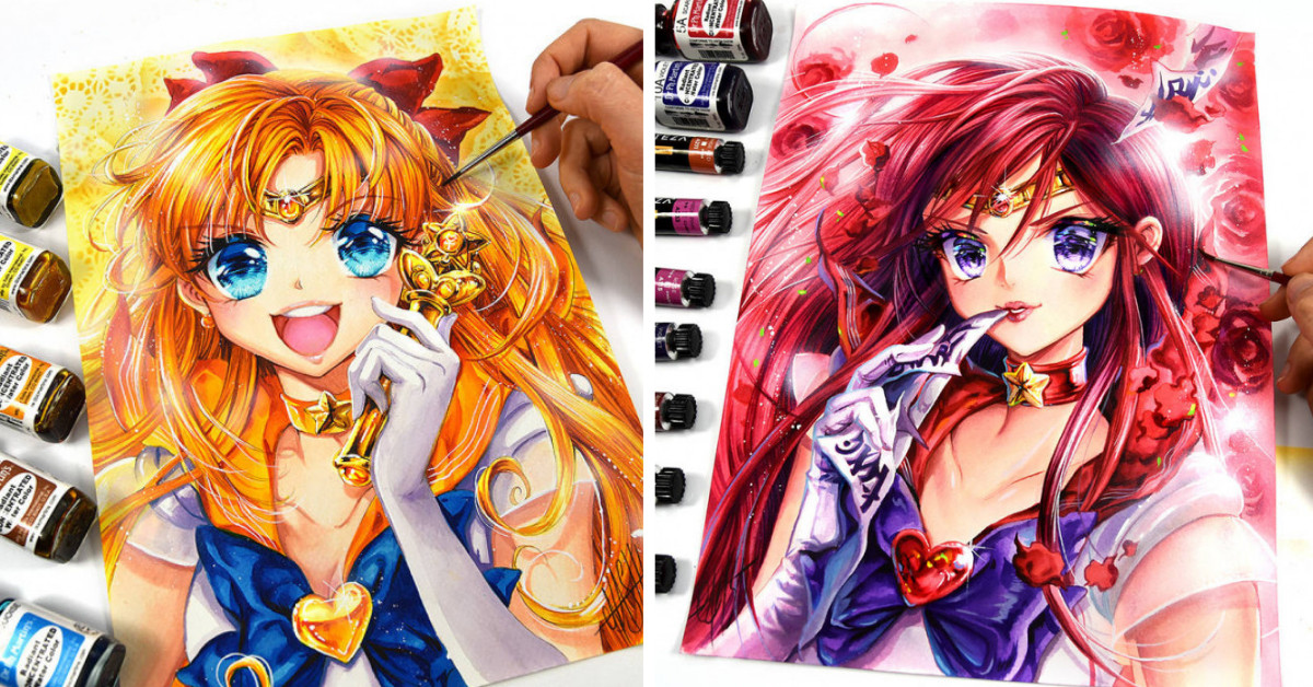 German Artist Illustrates Vibrant Portraits of Sailor Moon Senshi Using Traditional Artistic Tools