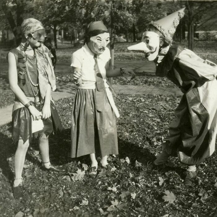 41. "Three Girls In Masked Costumes At Halloween Festivities In College Hill, Cincinnati, Ohio In 1929"