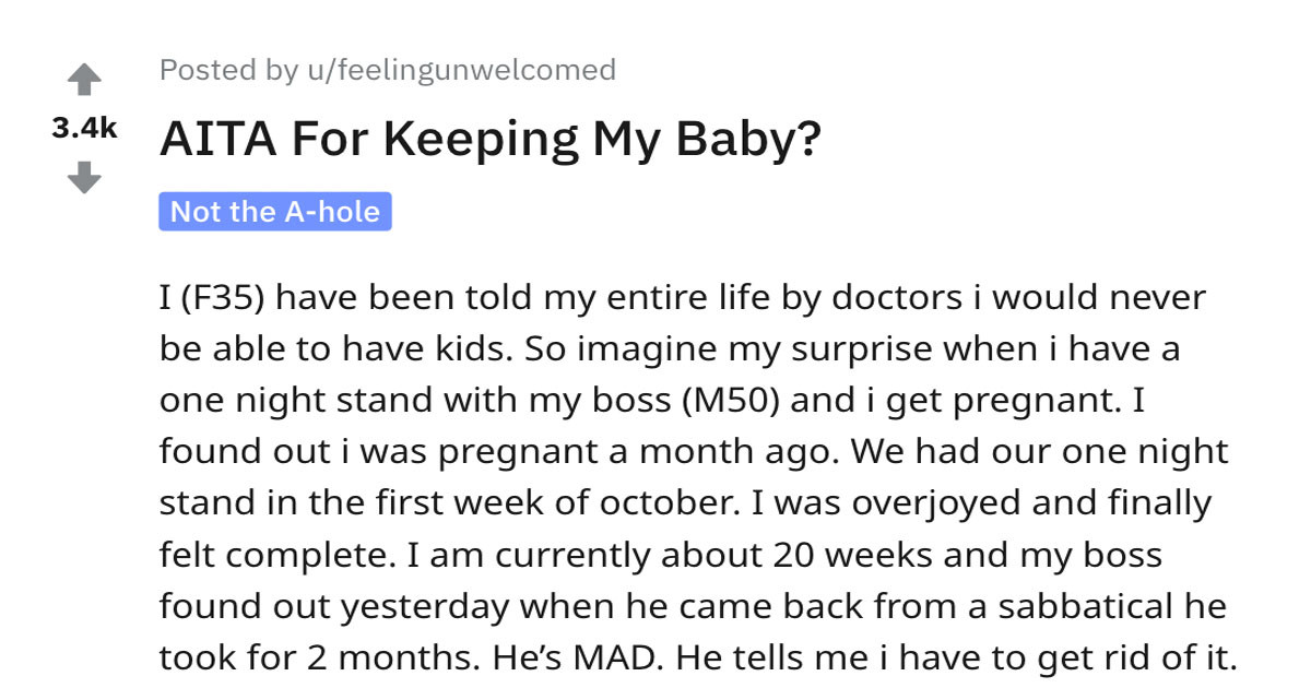 Woman Asks Internet If She Should Go Through With Pregnancy To Married Boss, Even Though He Doesn't Want Her To Keep The Baby