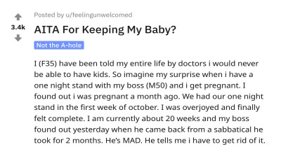Woman Asks Internet If She Should Go Through With Pregnancy To Married Boss, Even Though He Doesn't Want Her To Keep The Baby