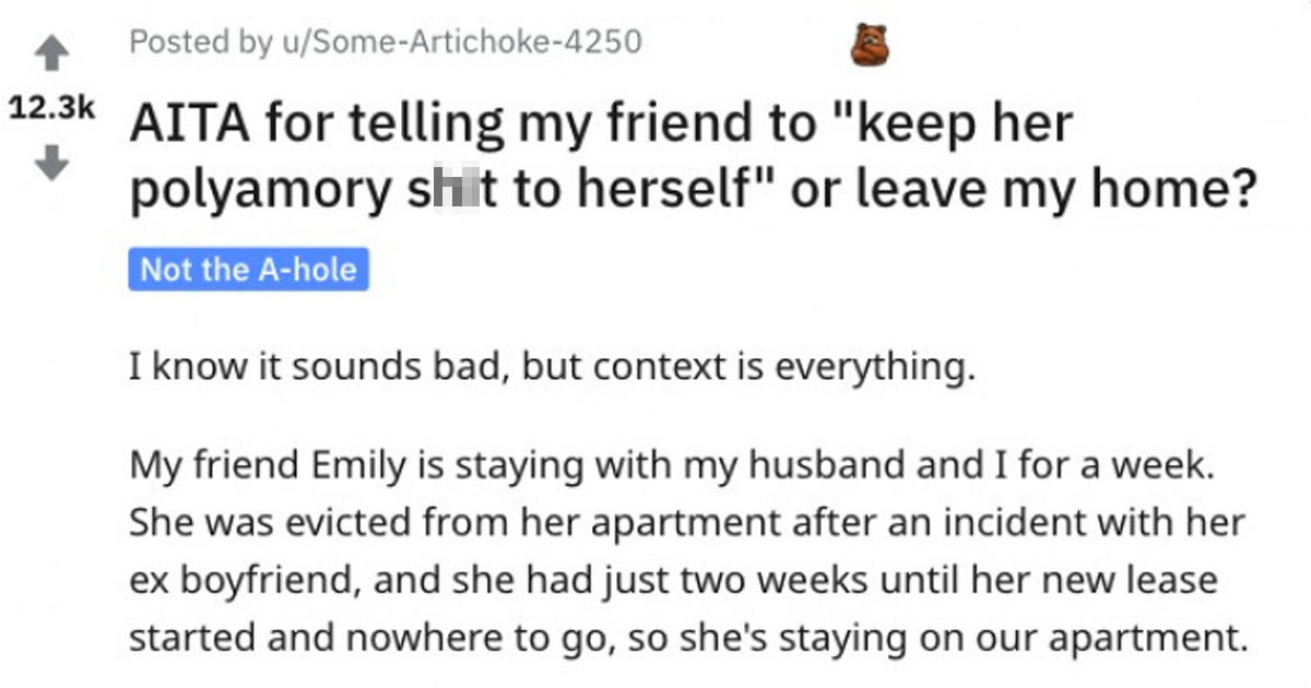 Man Asks If He Was Wrong to Kick Out His Polyamorous Friend After She Passed Judgment on His Marriage