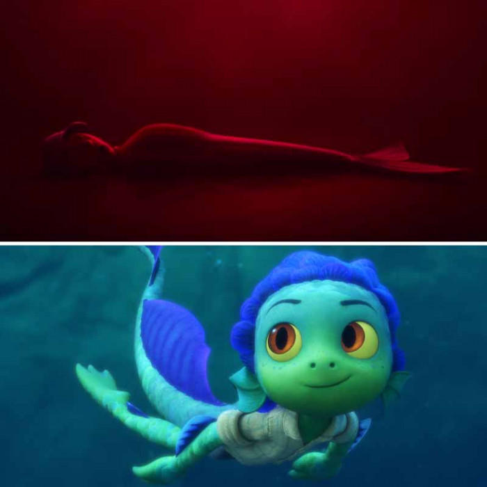 8. Mei's doodle and subsequent daydream of Devon as a mermaid looks a lot like Luca, the sea monster.