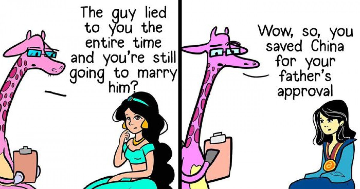 Artist Hilariously Illustrates What Classic Disney Princesses Would Look Like Visiting a Psychologist