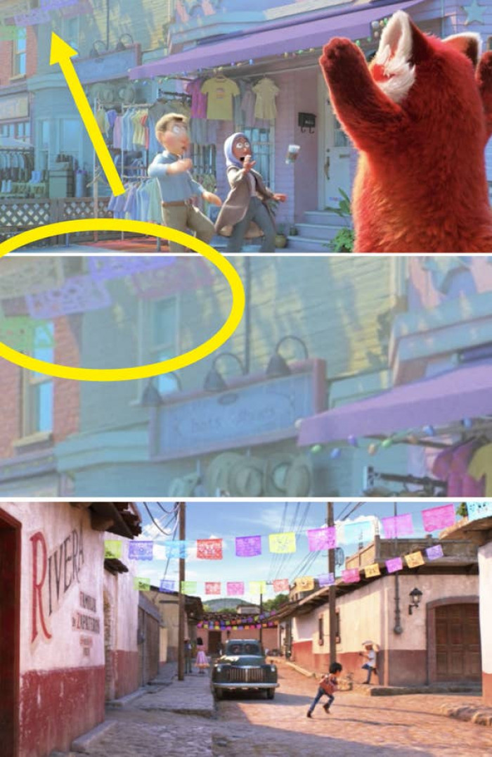 16. Papel picado flags are hung from buildings in the city, another reference to the film <em>Coco</em>.