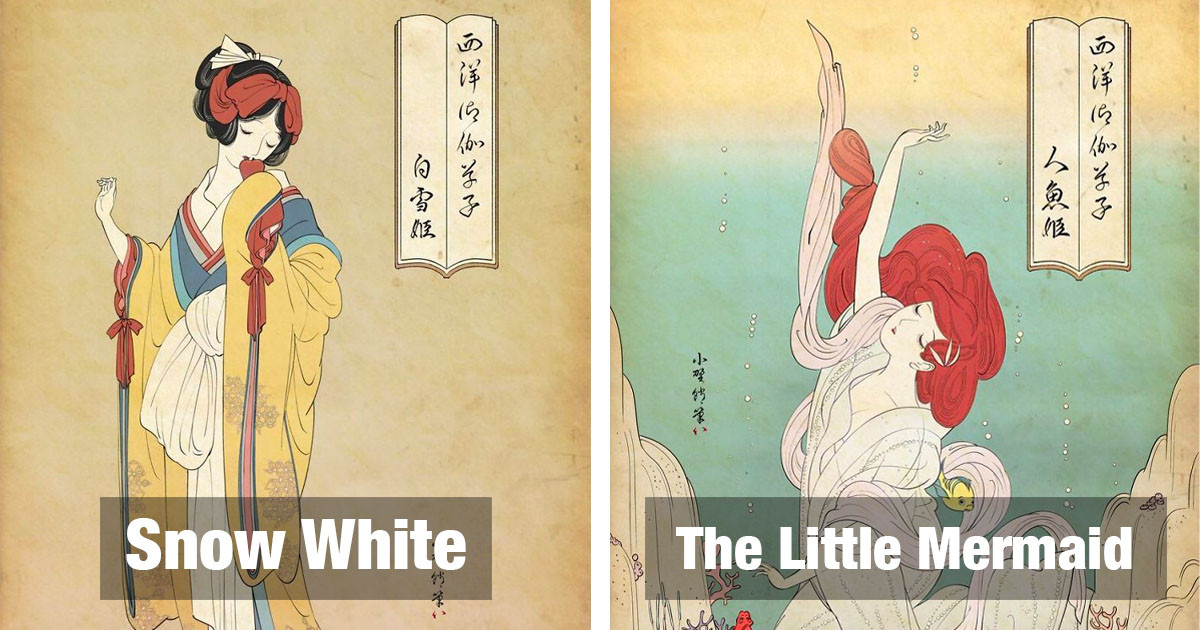 Disney Princesses and Sailor Moon Drawn in a Style That is Greatly Influenced by Traditional Japanese Prints