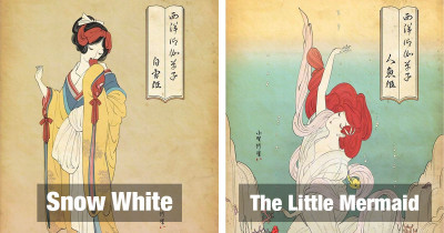 Disney Princesses and Sailor Moon Drawn in a Style That is Greatly Influenced by Traditional Japanese Prints