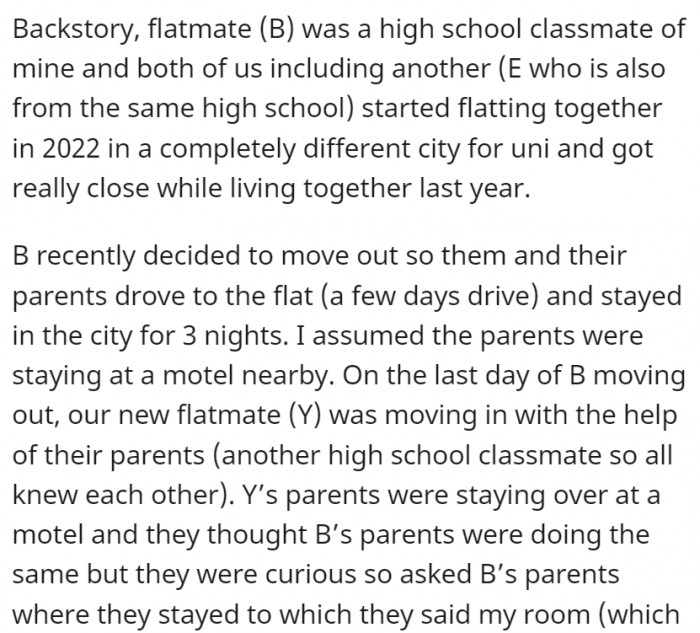 Instead of staying at a hotel or Airbnb, the flatmate decided to let their parents stay in OP's bedroom