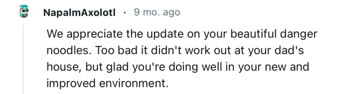 “Too bad it didn't work out at your dad's house, but glad you're doing well.”