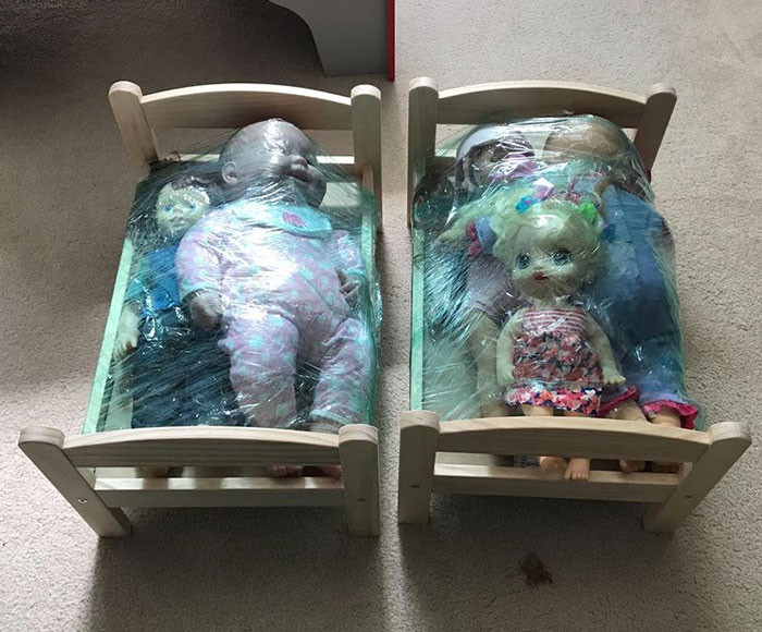 41. We're moving... this is how my wife packed the kids' dolls.