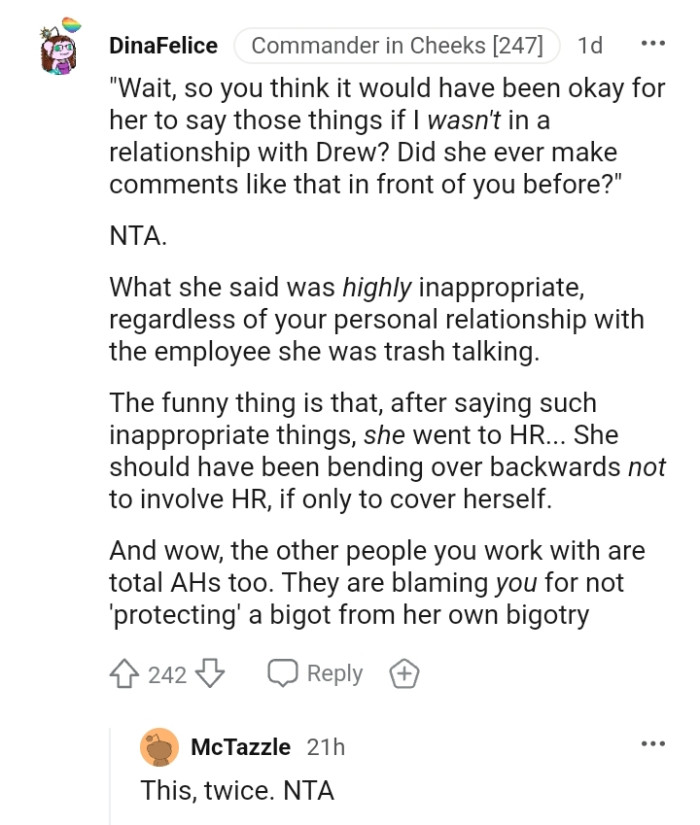 She should have been bending over backwards not to involve HR