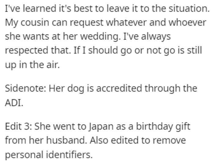 OP respects her cousin's decision