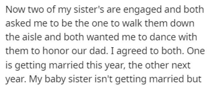 Two of OP's Sisters Asked Him to Walk Them Down the Aisle as a Way to Honor Their Dad