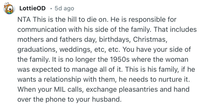 “NTA This is the hill to die on. He is responsible for communication with his side of the family.”
