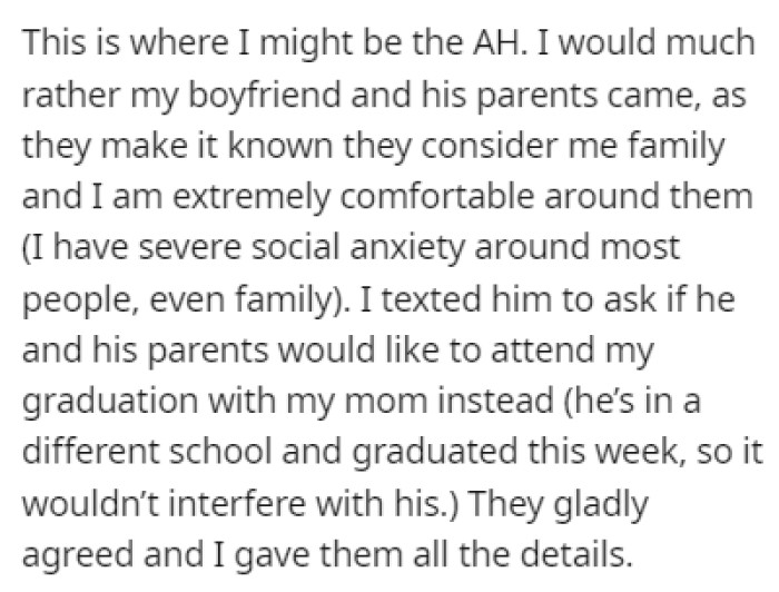 OP decided to invite her boyfriend and his family to attend the graduation instead
