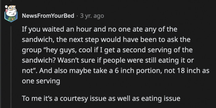 The least and most courteous thing OP could have done was ask if he could have more of the sub instead of staring at it for an hour.